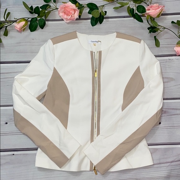 Calvin Klein Tops - Calvin Klein Tan White Peplum Coat
